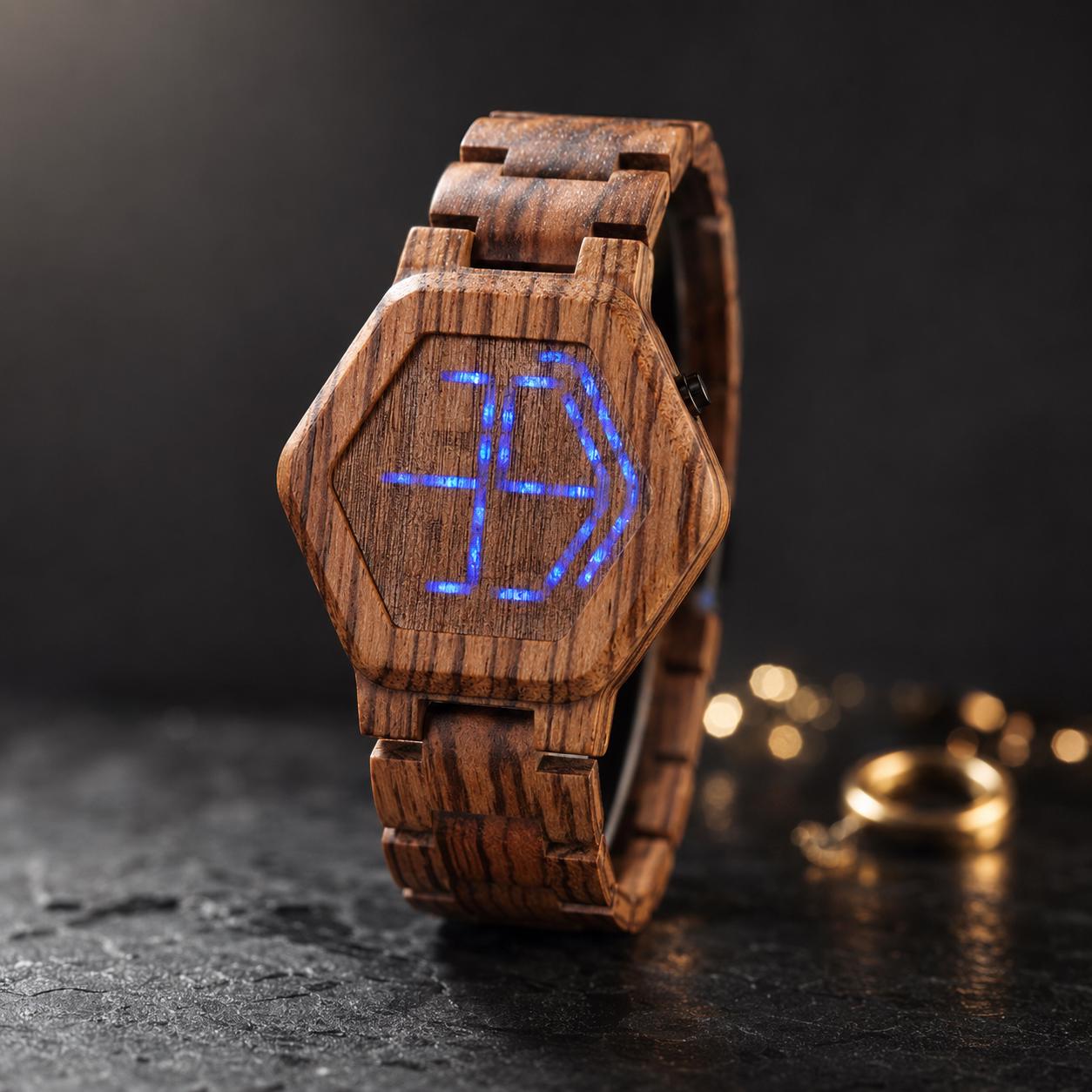 Wooden LED Watch, Hexagonal Digital, Unisex