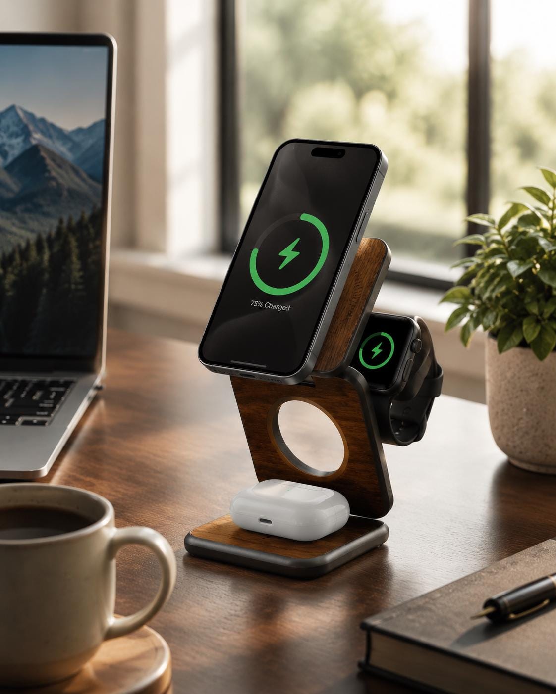 Foldable Wood-Grain 3-in-1 Charger