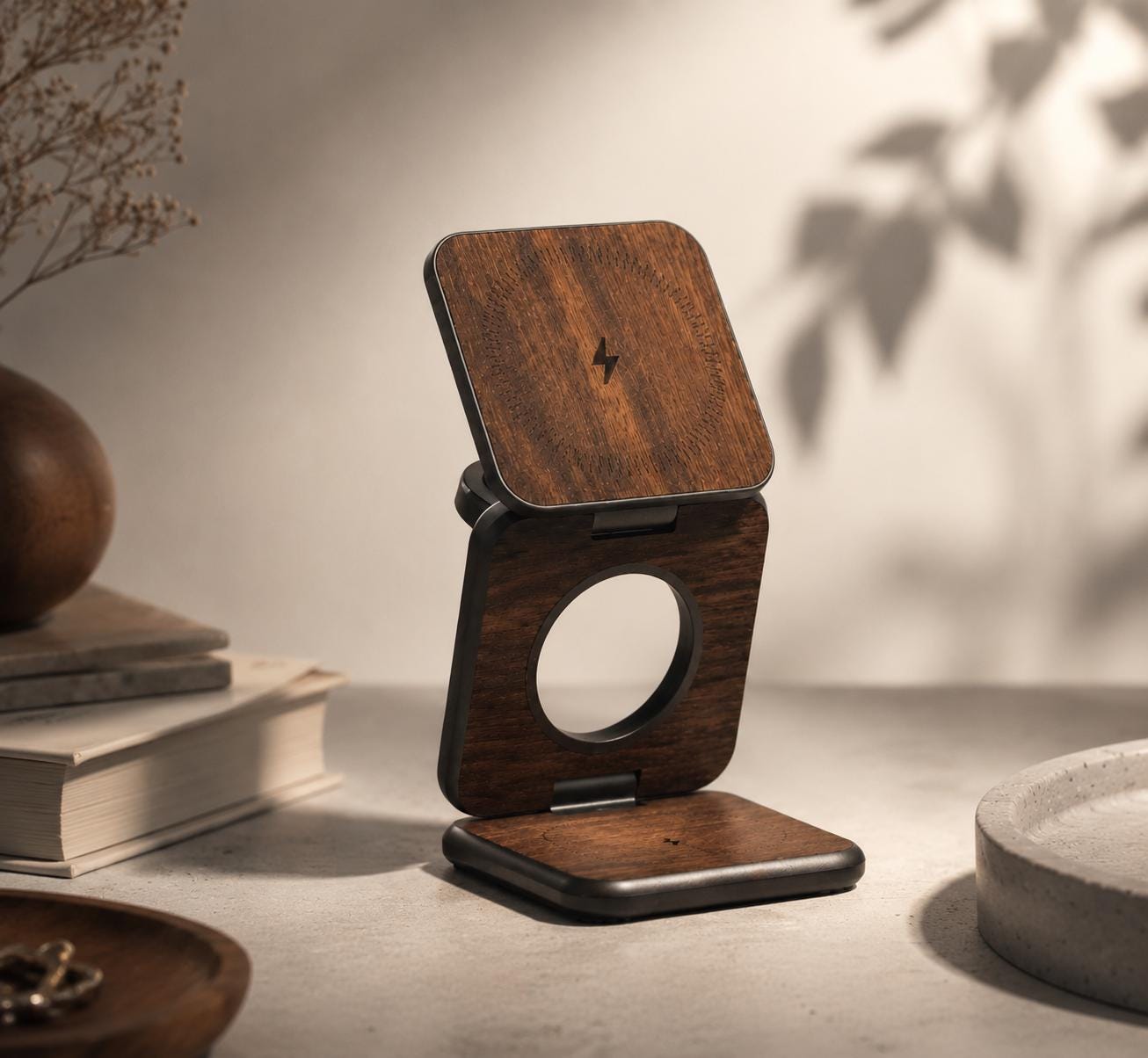 Foldable Wood-Grain 3-in-1 Charger