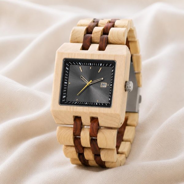 Mens Square Wood Watch with Date Window