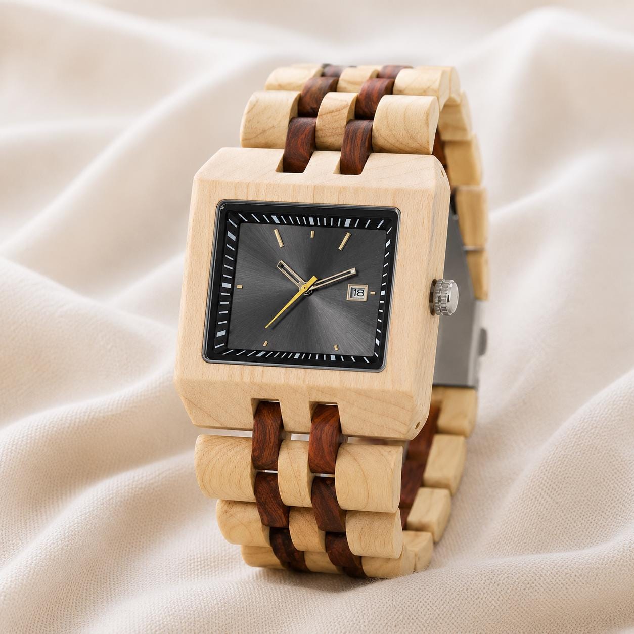 Mens Square Wood Watch with Date Window