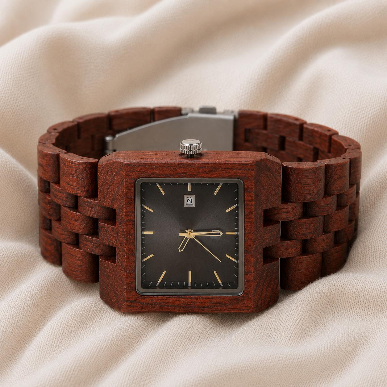 Mens Square Wood Watch with Date Window