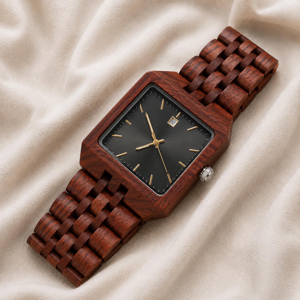 Mens Square Wood Watch with Date Window