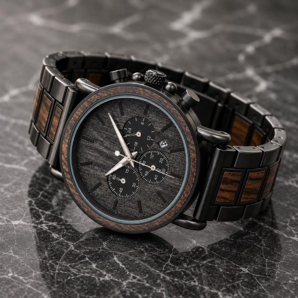 Wood and Metal Chronograph Watch for Men