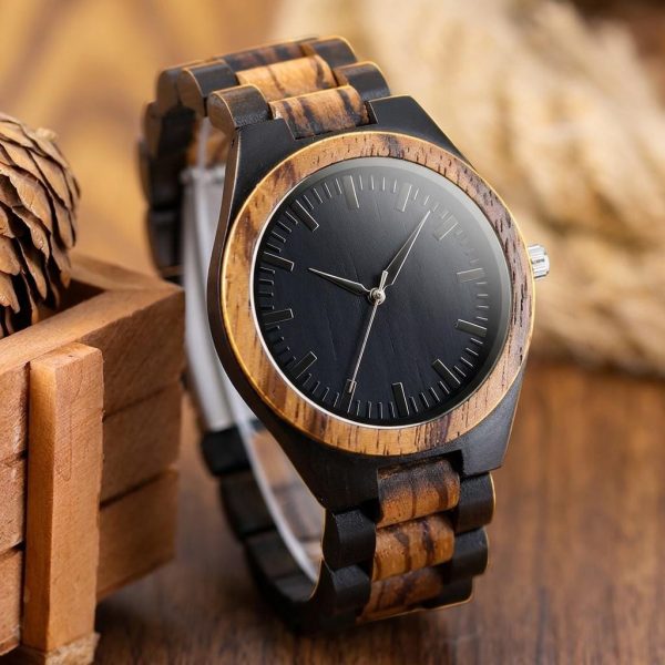 Two Tone Wood Watch for Men, Ebony Zebrawood
