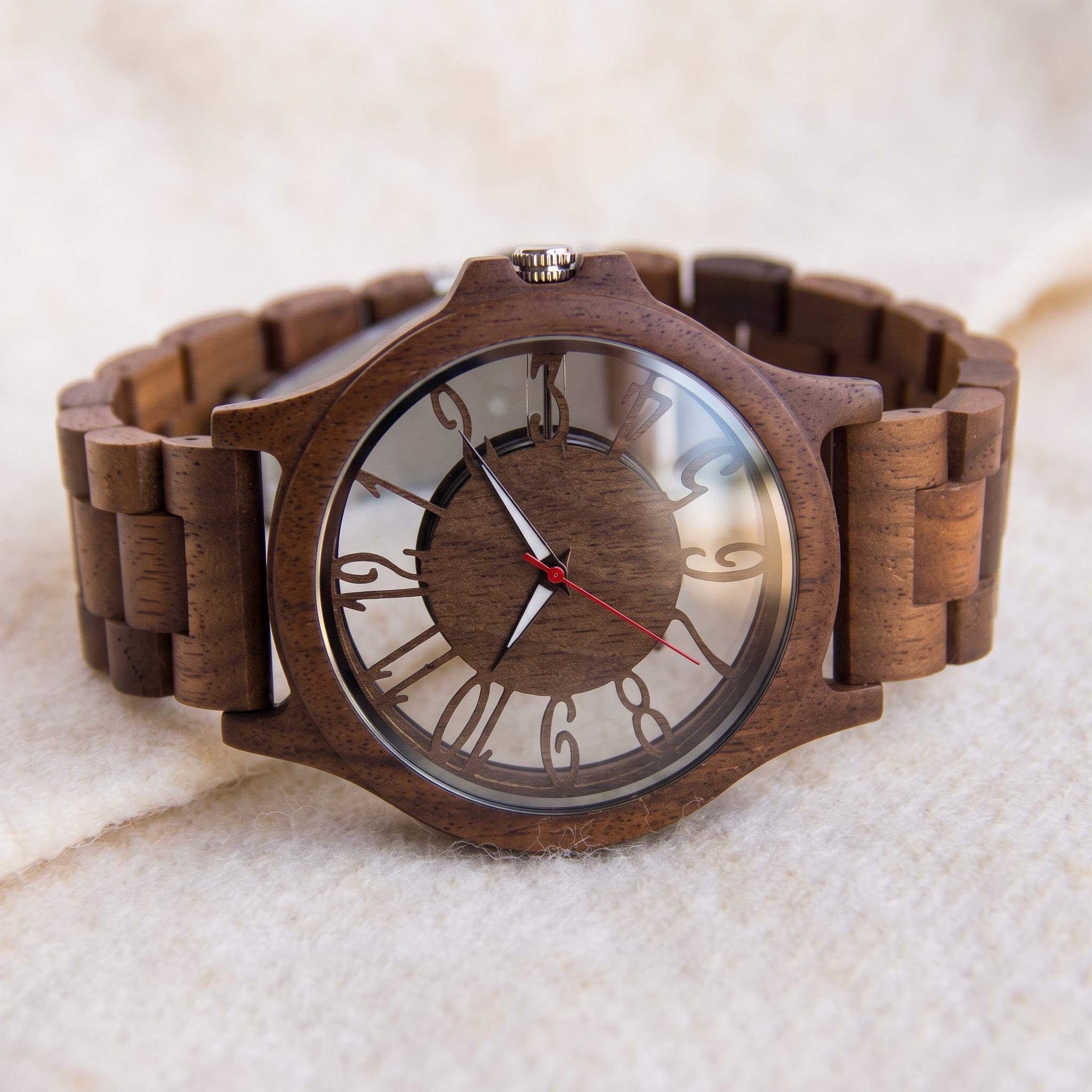 Minimalist Wooden Watch for Men, Skeleton Dial