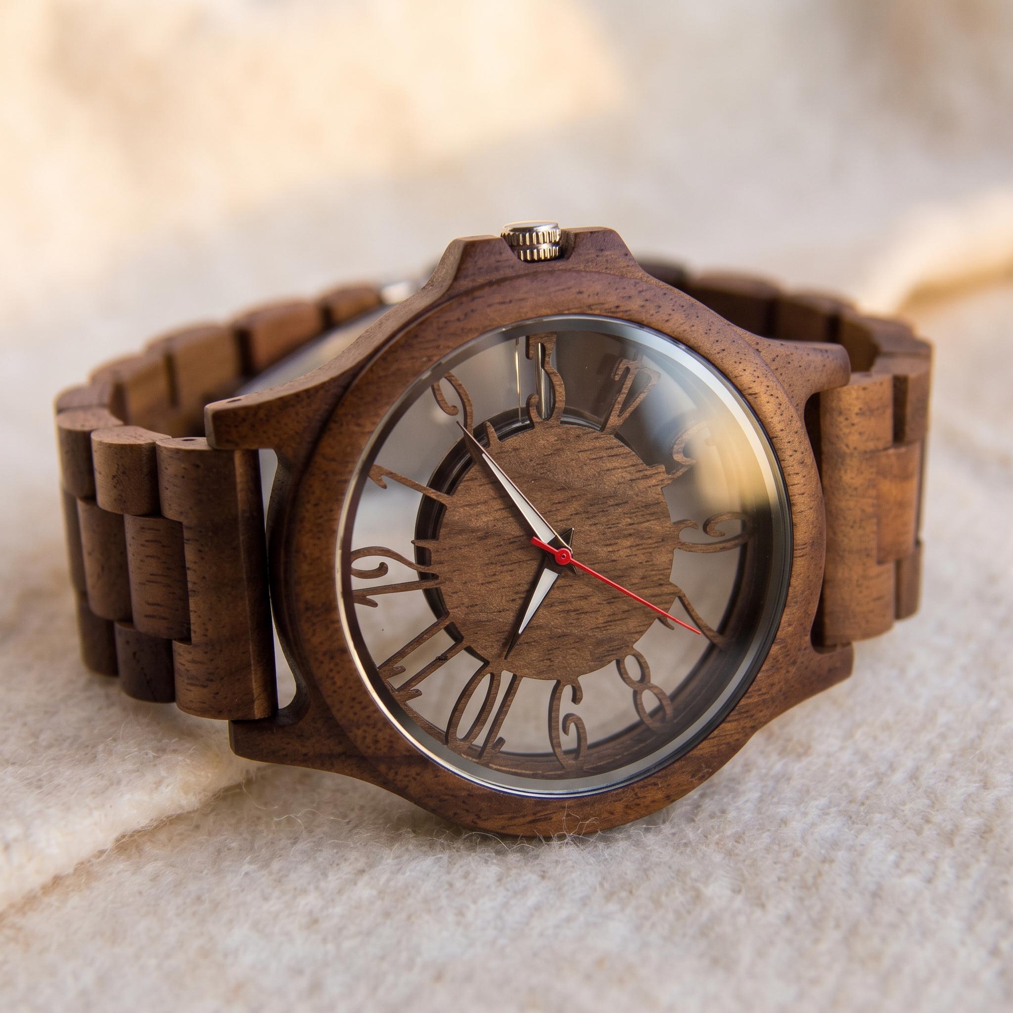 Minimalist Wooden Watch for Men, Skeleton Dial