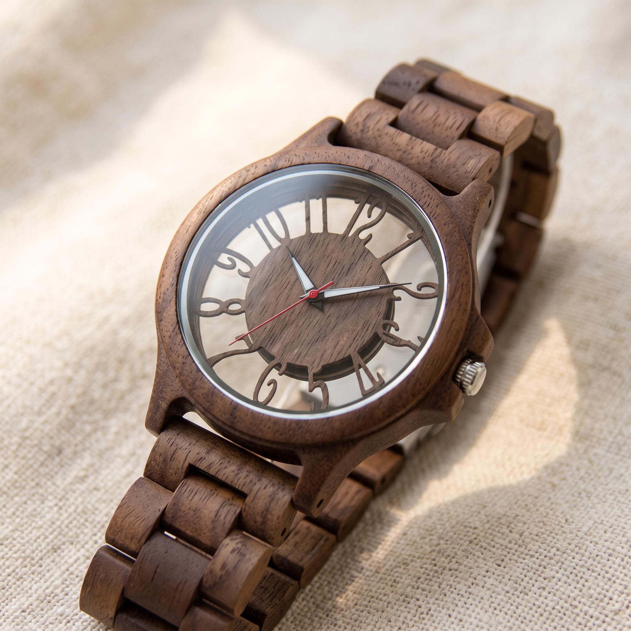 Minimalist Wooden Watch for Men, Skeleton Dial