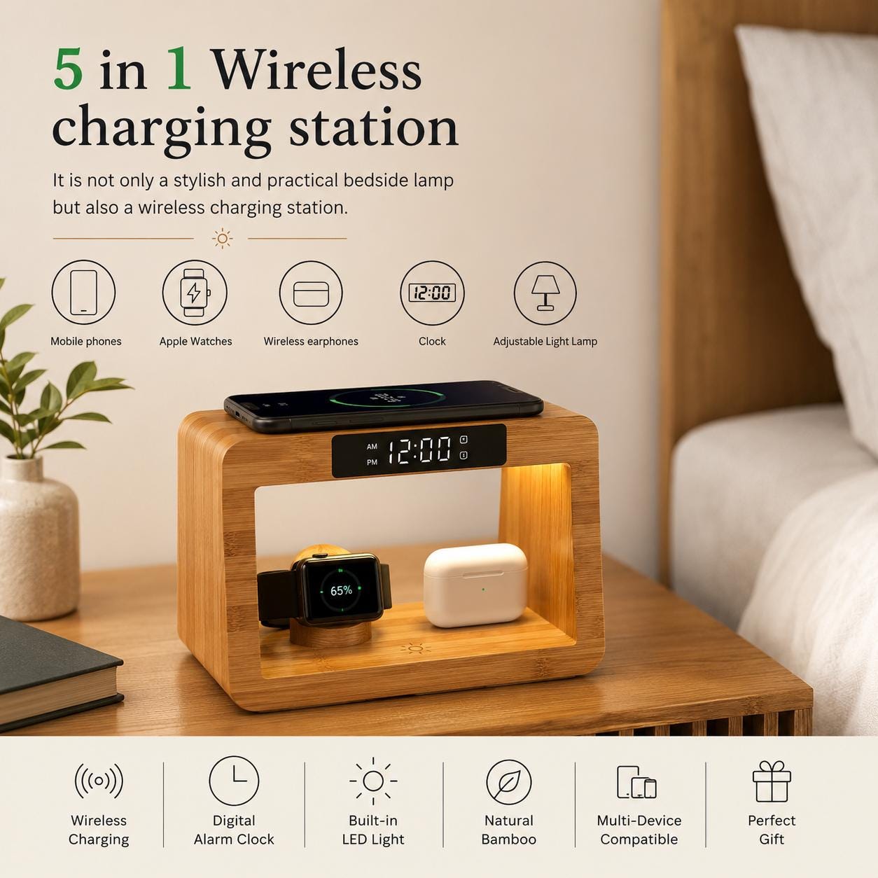 Bamboo 5-in-1 Bedside Charging Station