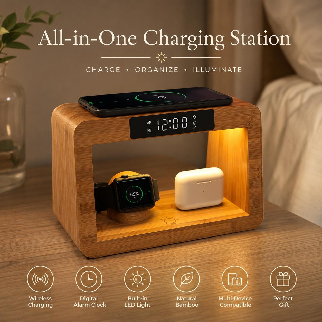 Bamboo 5-in-1 Bedside Charging Station