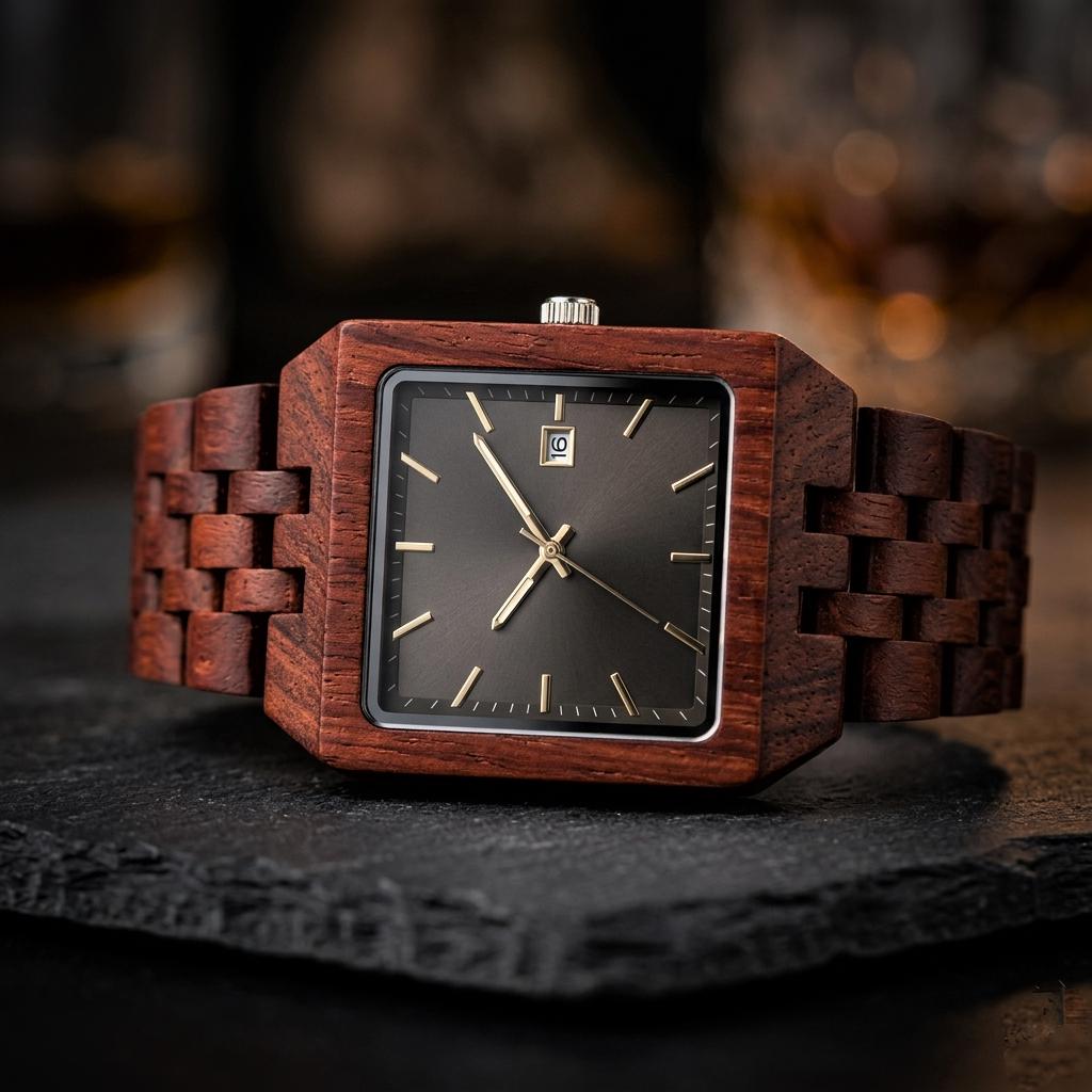 Mens Square Wood Watch with Date Window