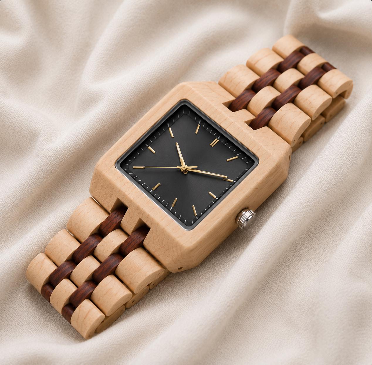 Mens Square Wood Watch with Date Window
