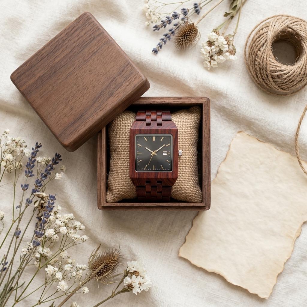 Mens Square Wood Watch with Date Window