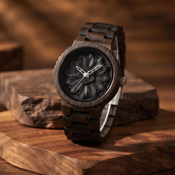 Hand Engraved Lotus Wood Watch, Black Ebony