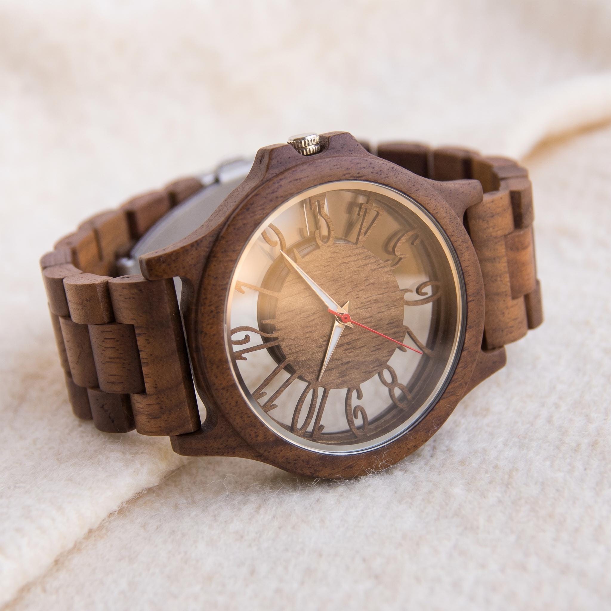 Minimalist Wooden Watch for Men, Skeleton Dial
