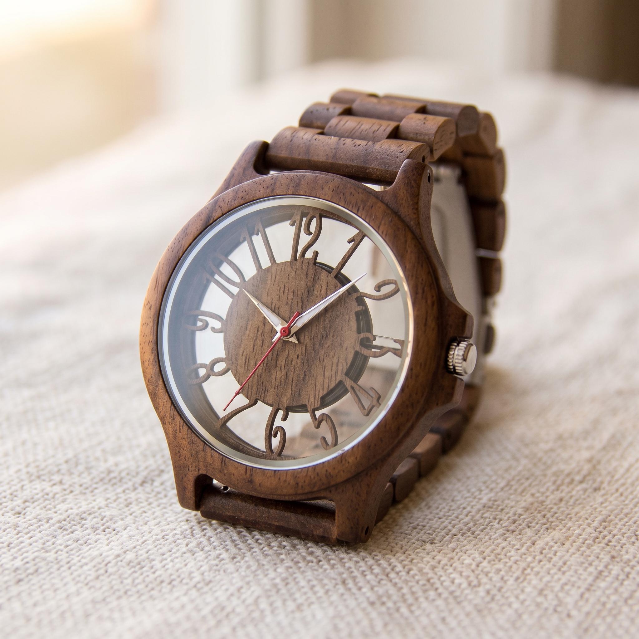 Minimalist Wooden Watch for Men, Skeleton Dial