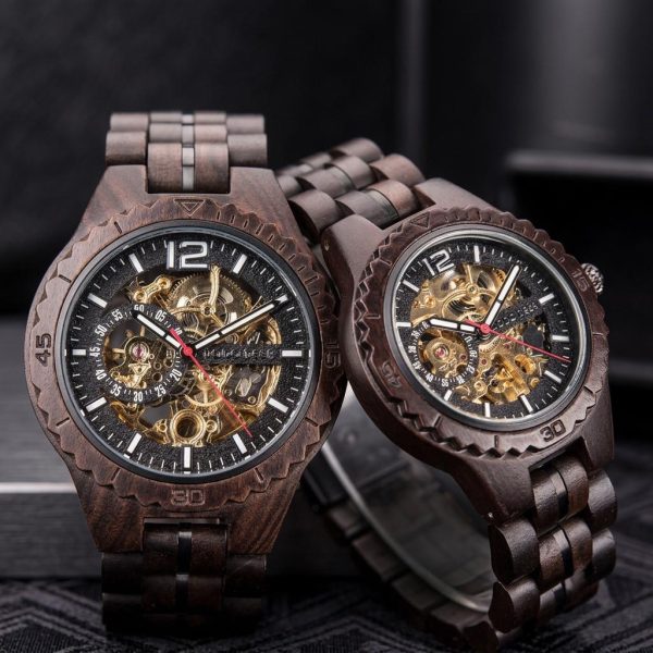 Skeleton Wood Watch for Men, Automatic Mechanical