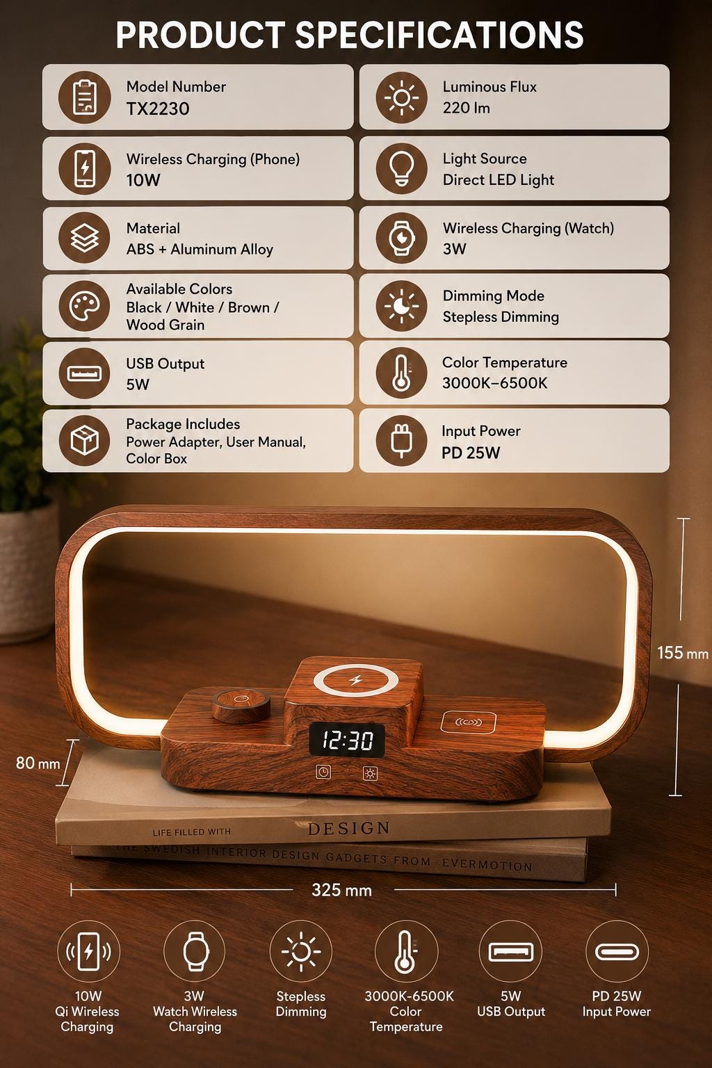3-in-1 Charging Lamp with Clock