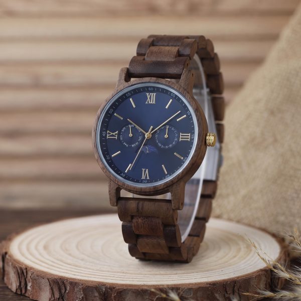 Moon Phase Walnut Wood Watch for Men, Navy Dial