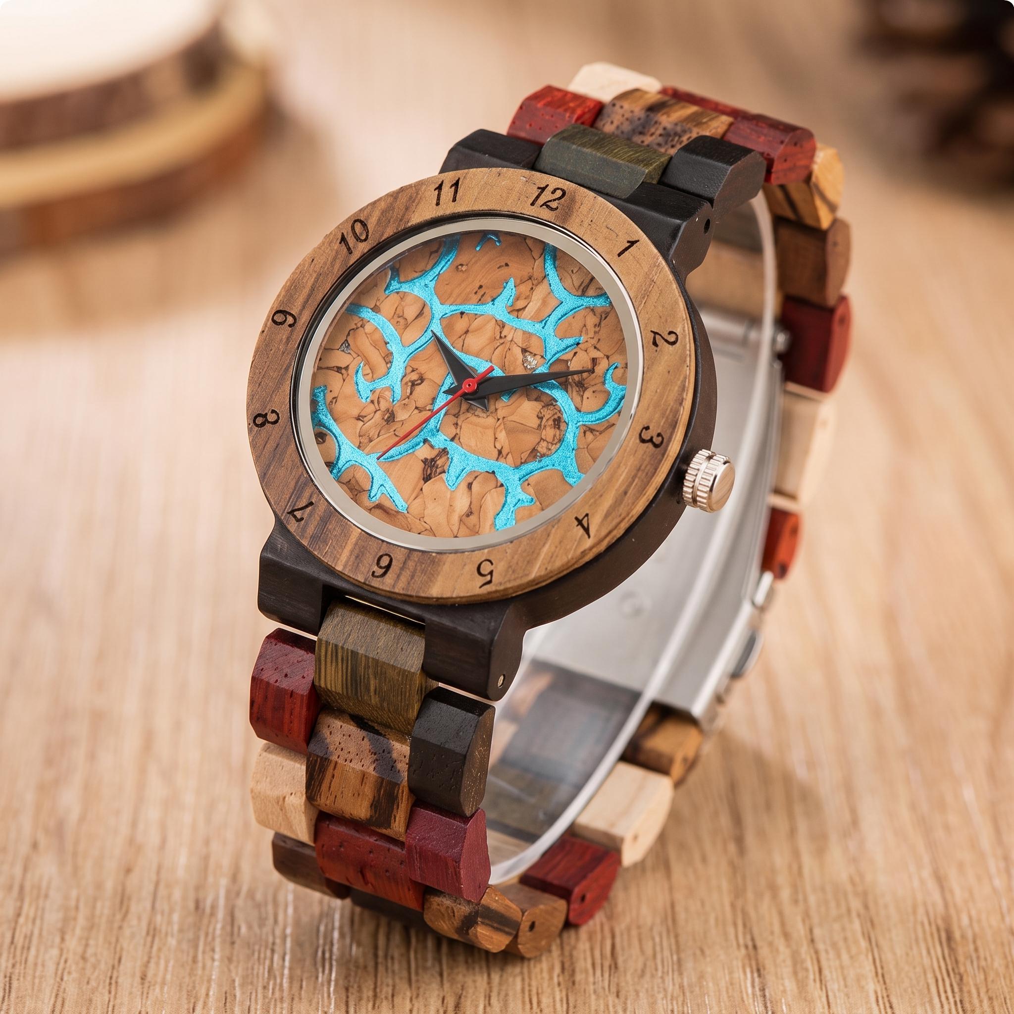 Colorful Unisex Wood Watch, Turquoise Dial