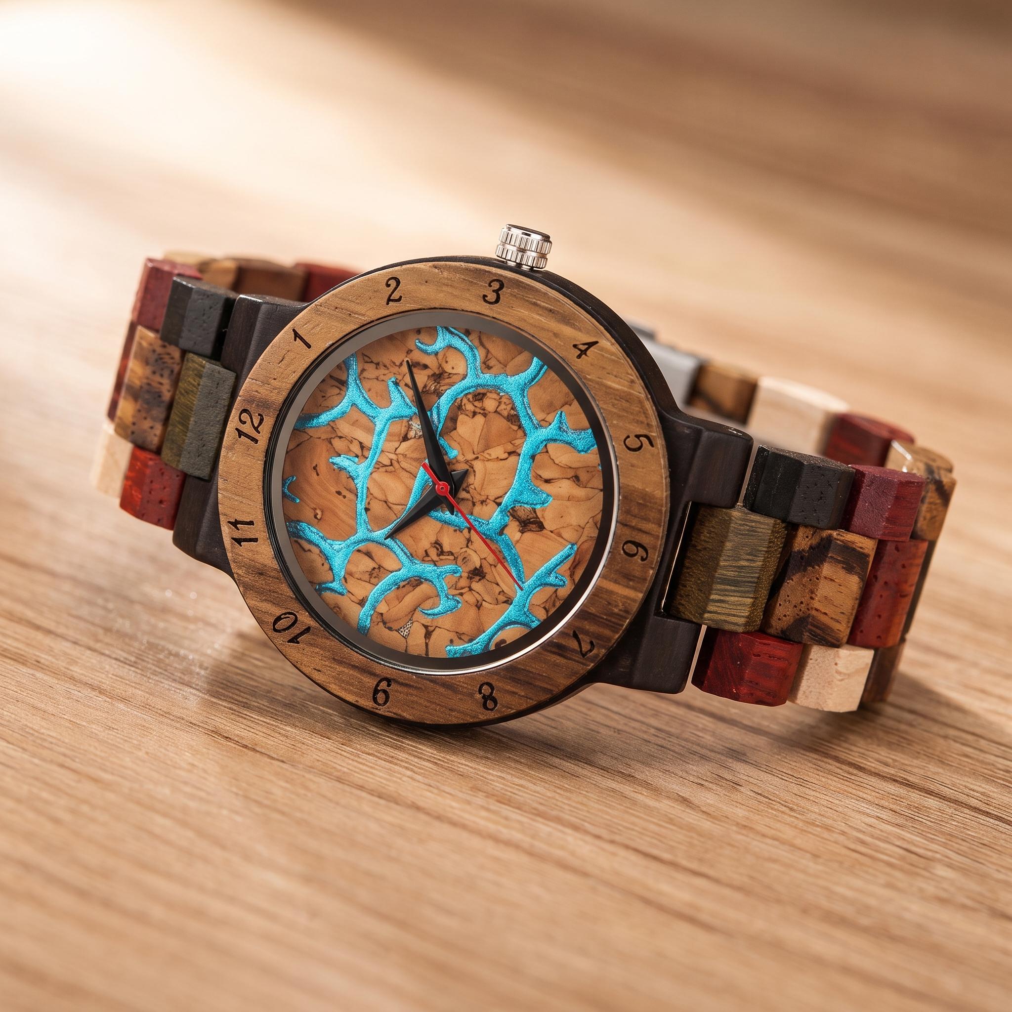 Colorful Unisex Wood Watch, Turquoise Dial