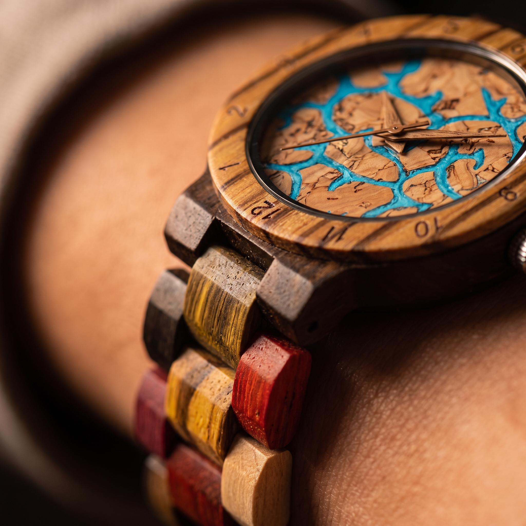Colorful Unisex Wood Watch, Turquoise Dial