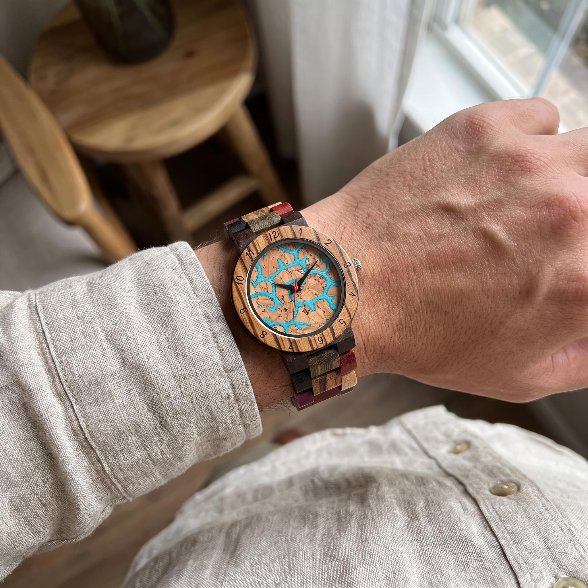 Colorful Unisex Wood Watch, Turquoise Dial