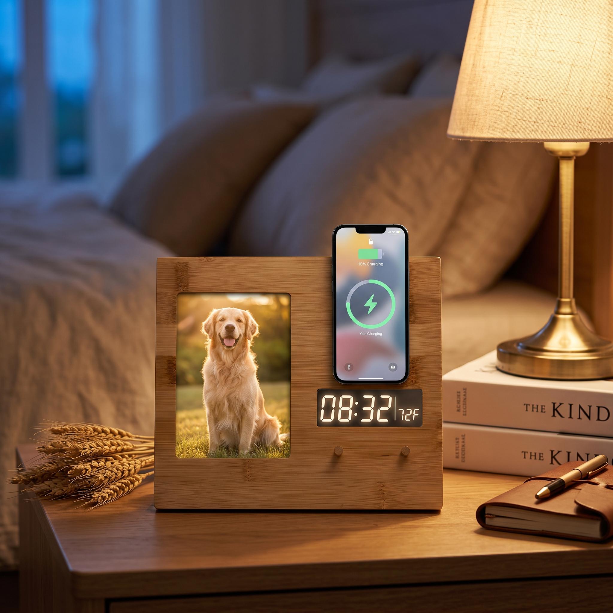 Bamboo Photo Frame Charger with Clock - Sophistaa Bedside