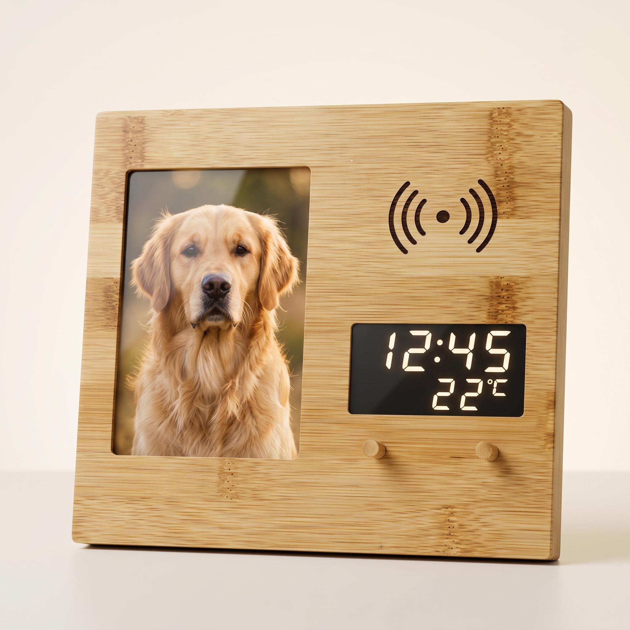 Bamboo Photo Frame Charger with Clock - Sophistaa Bedside