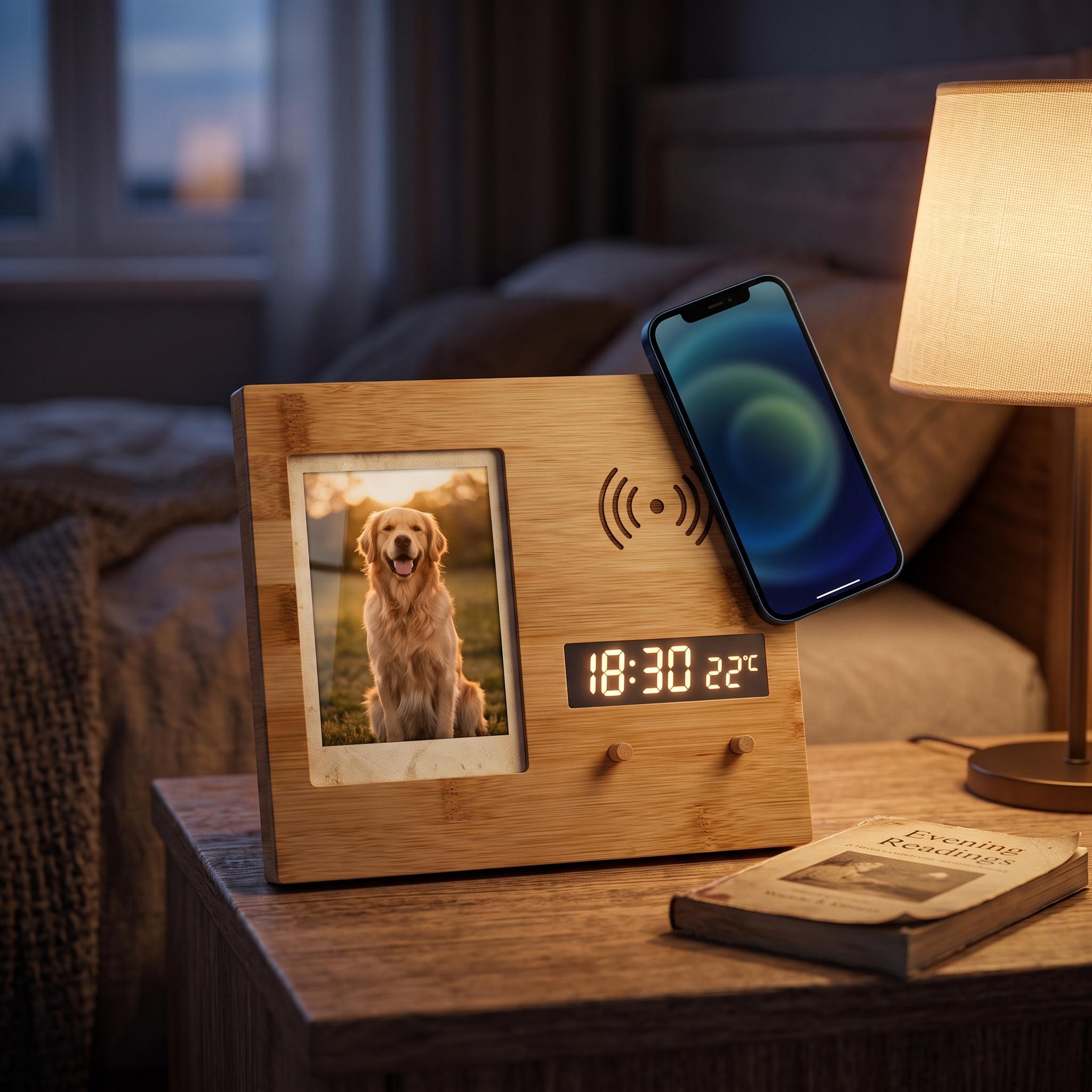 Bamboo Photo Frame Charger with Clock - Sophistaa Bedside