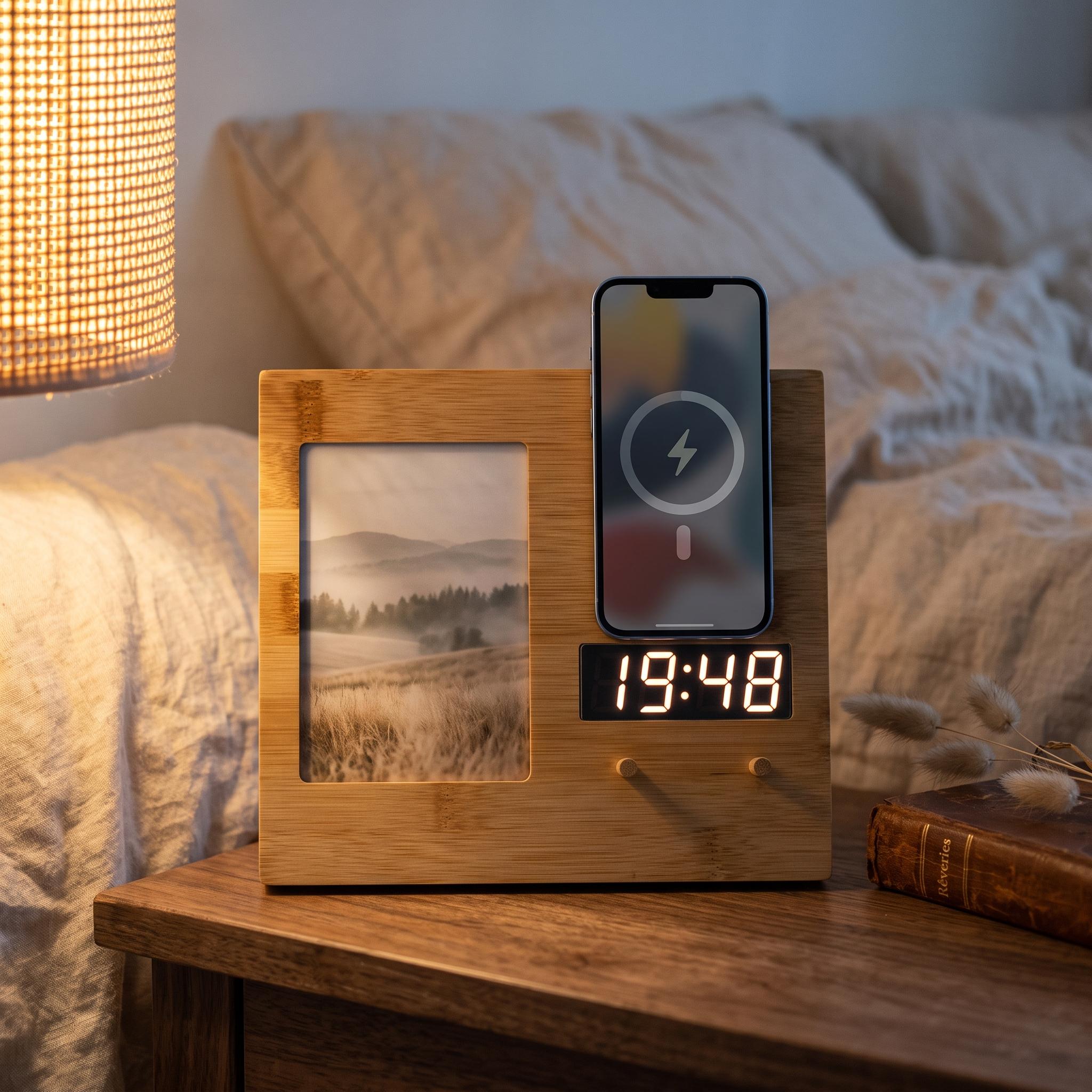 Bamboo Photo Frame Charger with Clock - Sophistaa Bedside